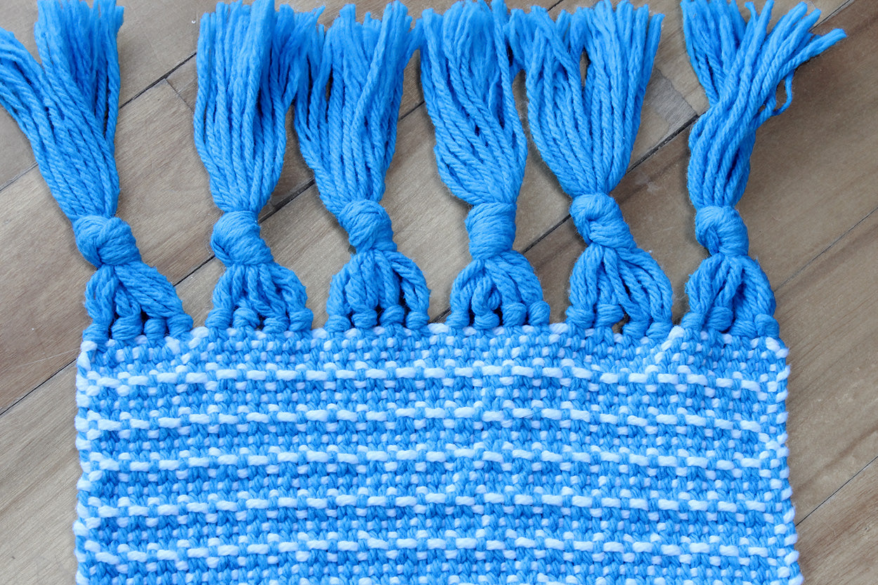 Cotton table runner, textured pattern, blue, white, handmade natural fibres, washer and dryer safe, made in Canada