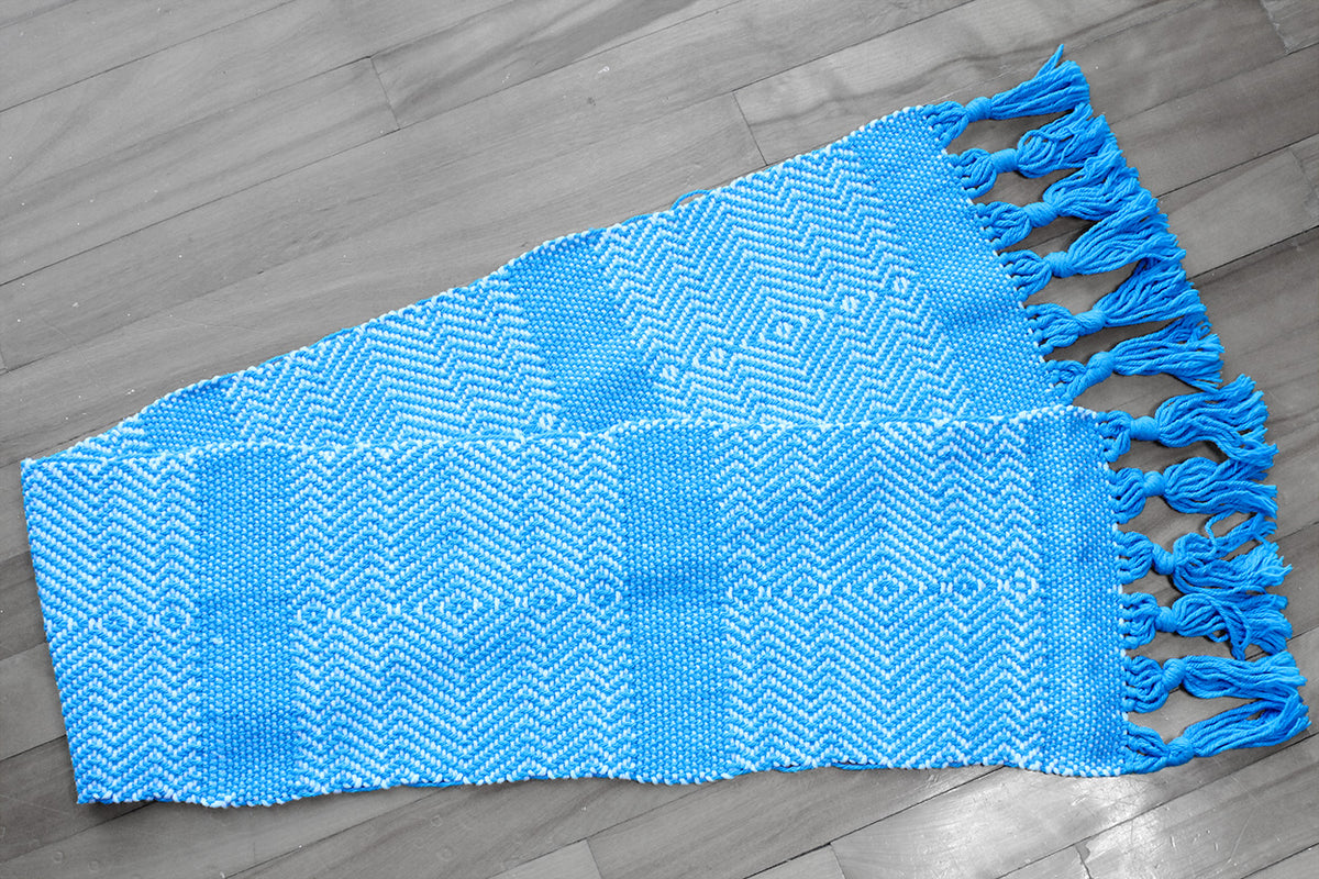 Cotton table runner, diamond pattern, blue, white, handmade, natural fibres, washer and dryer safe, made in Canada