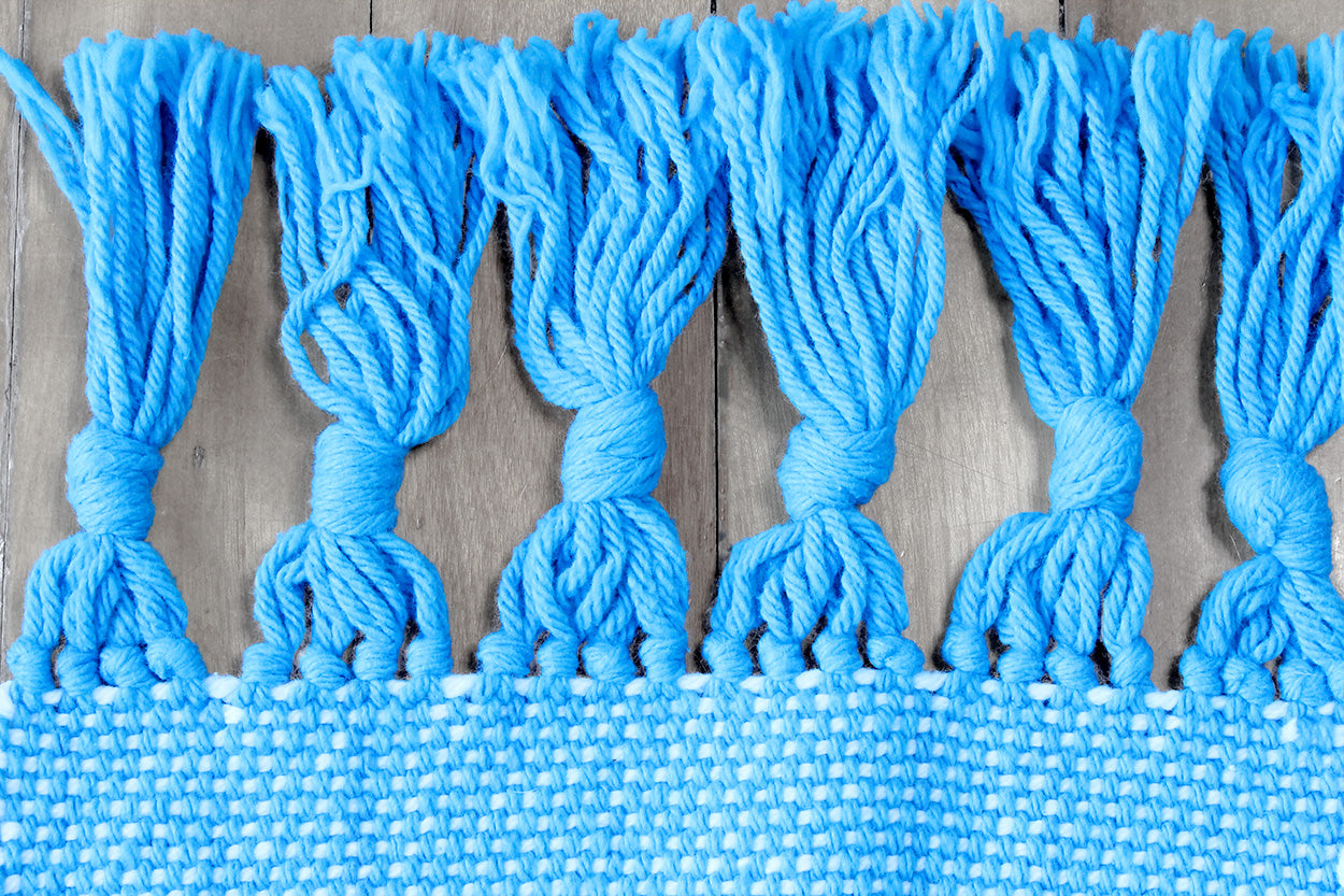 Cotton table runner, diamond pattern, blue, white, handmade, natural fibres, washer and dryer safe, made in Canada