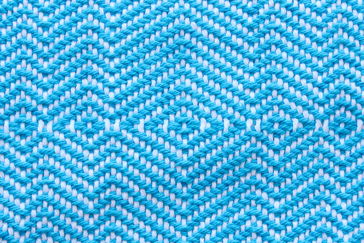 Cotton table runner, diamond pattern, blue, white, handmade, natural fibres, washer and dryer safe, made in Canada