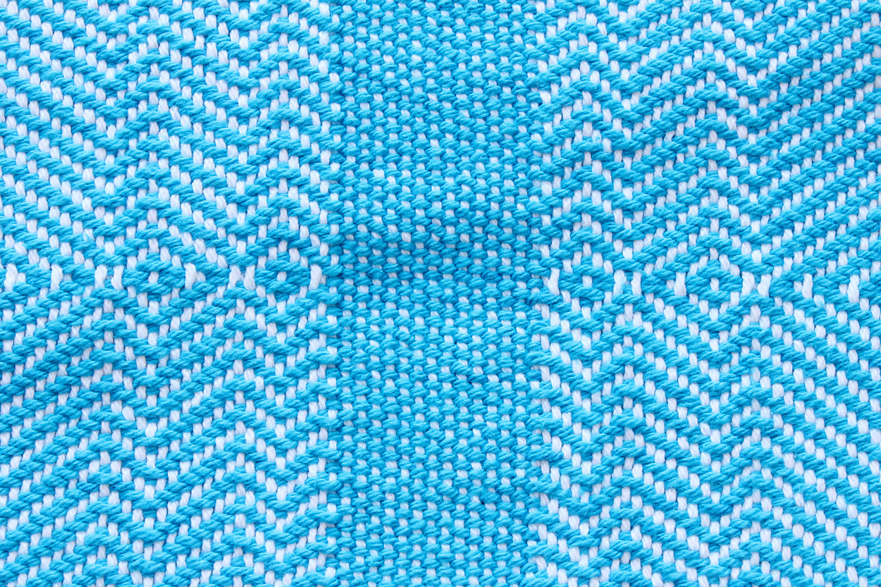 Cotton table runner, diamond pattern, blue, white, handmade, natural fibres, washer and dryer safe, made in Canada