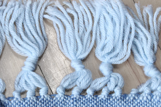 Wool scarf, weft float pattern, baby blue, handmade, natural fibres, Andean highland wool, superwash wool, lightweight, made in Canada