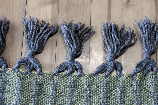 Wool blanket scarf, weft float pattern, grey, green, handmade, natural fibres, Peruvian highland wool, made in Canada