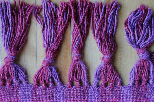 Wool scarf, purple plaid, pink, handmade, natural fibres, alpaca, silk, ultra-soft, reclaimed loom waste, made in Canada