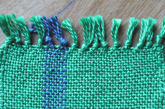 Cotton coasters, set of four, striped green, blue, handmade, natural fibres, washer safe, made in Canada