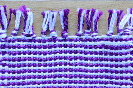 Cotton coasters, set of four, striped purple, white, handmade, natural fibres, washer safe, made in Canada
