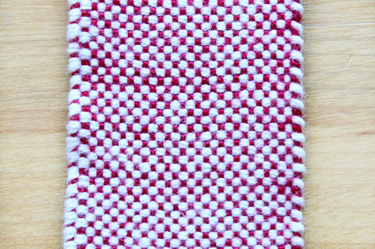 Cotton small bookmark, red, white, handmade, natural fibres, washer safe, decorative fringe, made in Canada