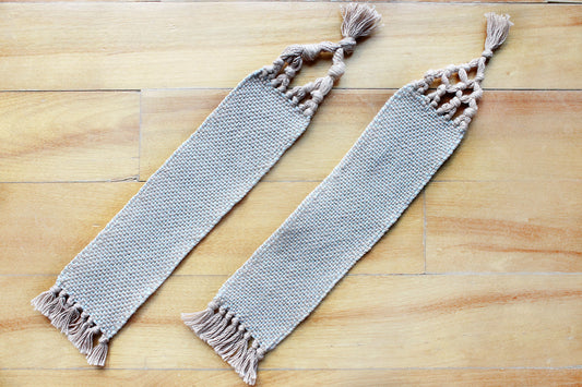 Cotton medium bookmark, Brown & blue, Brown, handmade, natural fibres, linen, washer safe, decorative fringe, made in Canada