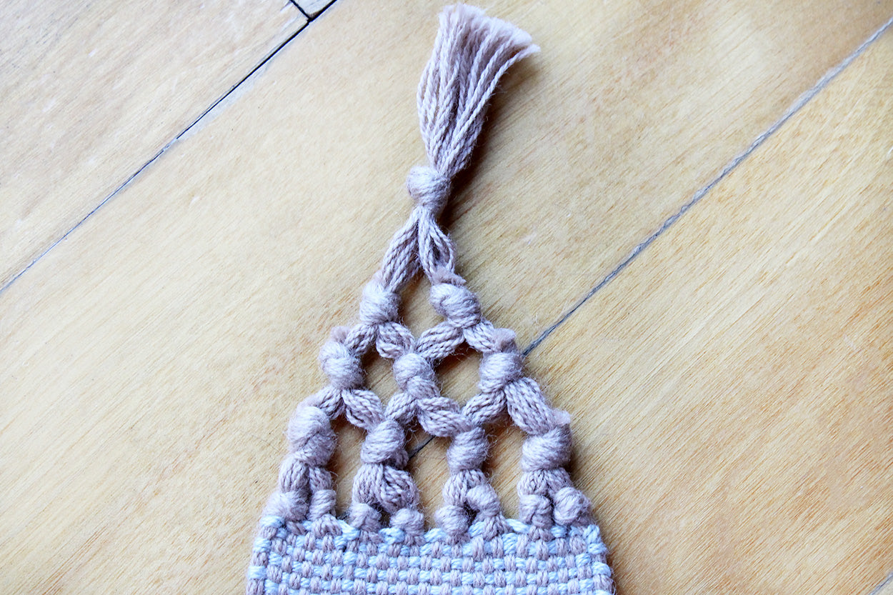 Cotton medium bookmark, Brown & blue, Brown, handmade, natural fibres, linen, washer safe, decorative fringe, made in Canada