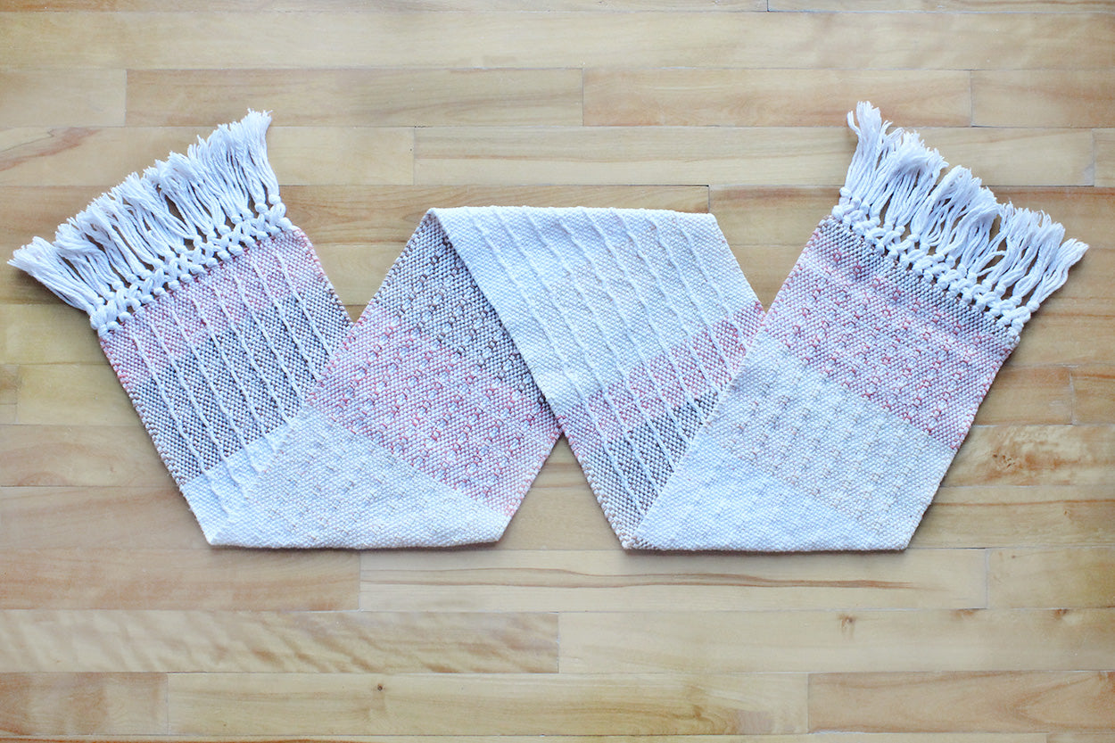 Cotton table runner, window weave pattern, colour blocked pattern, pink, brown, off-white, white, handmade, natural fibres, washer and dryer safe, decorative fringe, made in Canada