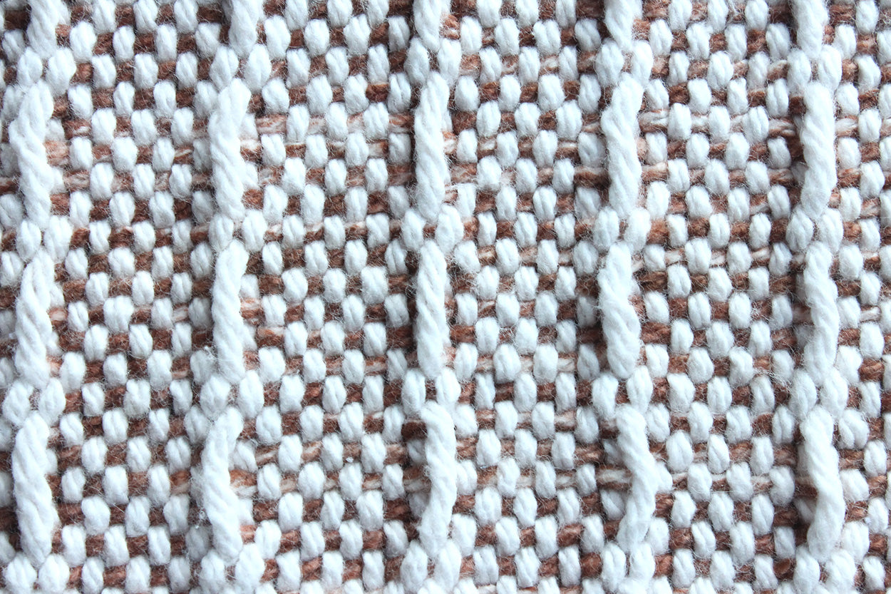 Cotton table runner, window weave pattern, colour blocked pattern, pink, brown, off-white, white, handmade, natural fibres, washer and dryer safe, decorative fringe, made in Canada