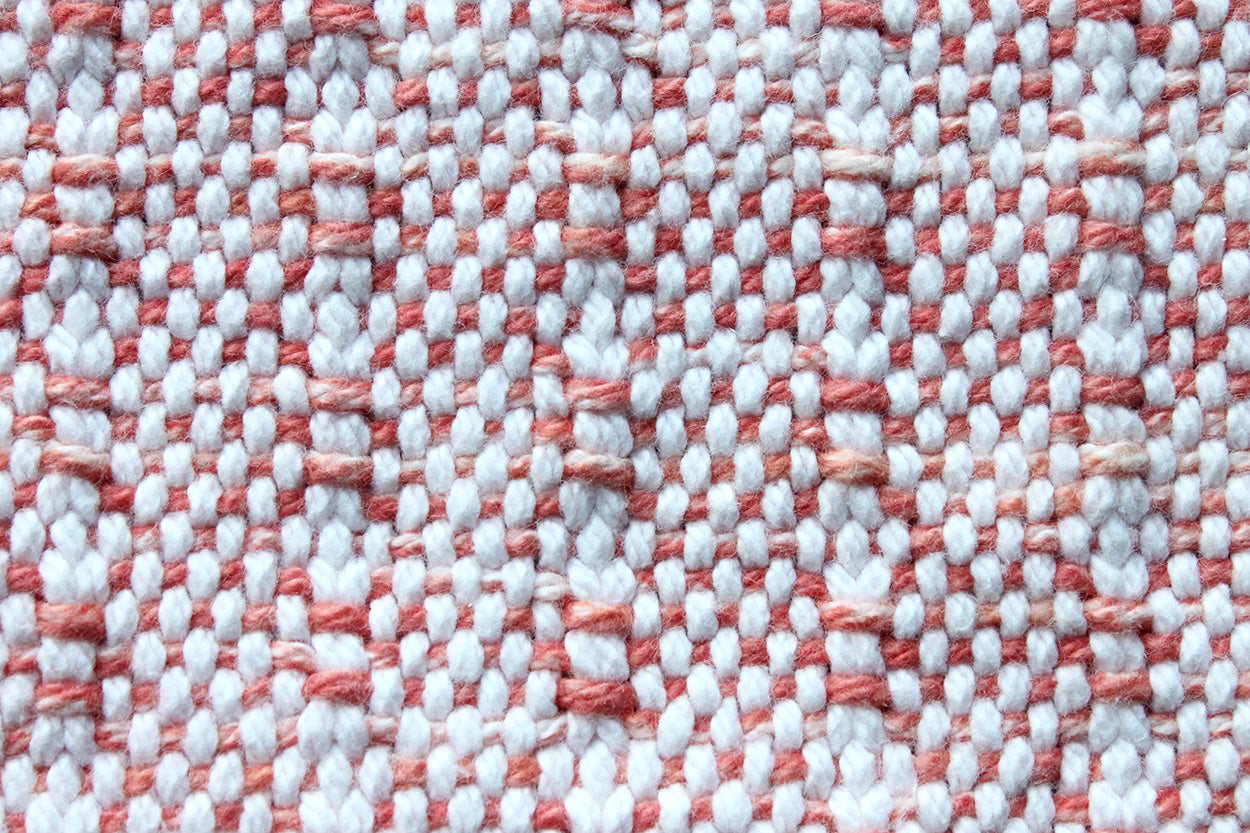 Cotton table runner, window weave pattern, colour blocked pattern, pink, brown, off-white, white, handmade, natural fibres, washer and dryer safe, decorative fringe, made in Canada