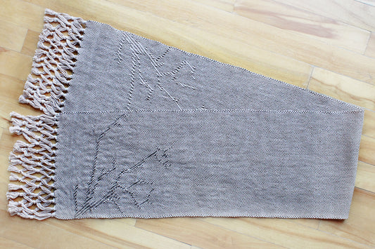 Cotton table runner, tree branch pattern, brown, handmade, natural fibres, linen, decorative crossover fringe, lightweight, original design, made in Canada