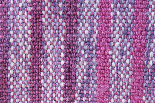 Wool scarf, striped purple pattern, pink, handmade, natural fibres, Peruvian highland wool, Merino wool, alpaca, silk, reclaimed loom waste, made in Canada