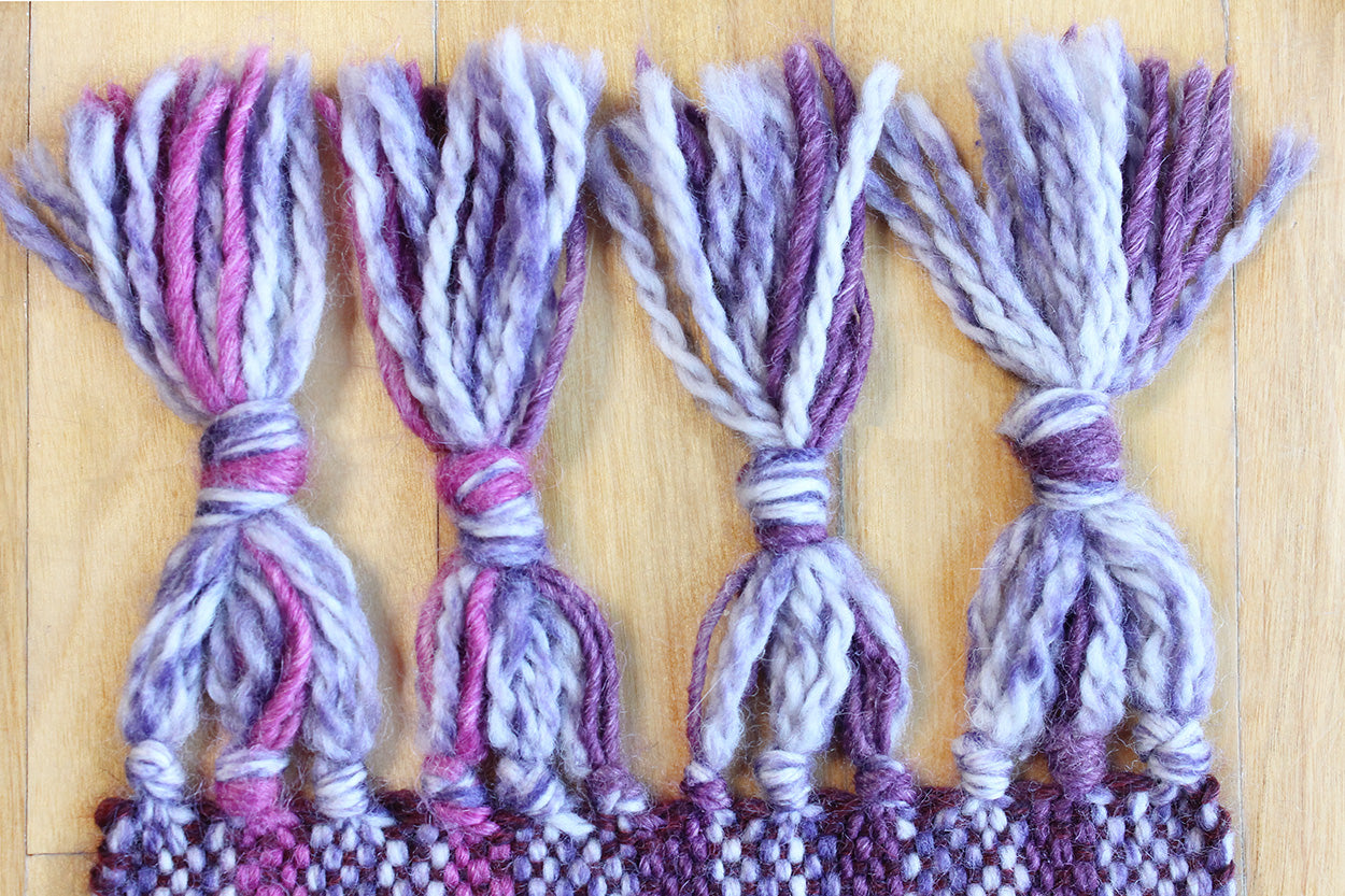 Wool scarf, striped purple pattern, pink, handmade, natural fibres, Peruvian highland wool, Merino wool, alpaca, silk, reclaimed loom waste, made in Canada