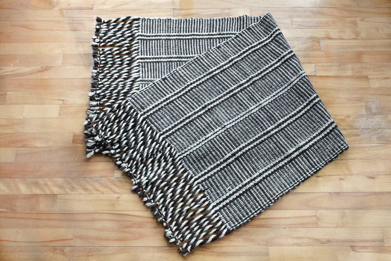 Wool blanket scarf, undyed striped wool, black, white, handmade, natural fibres, local Ontario wool, twisted fringe, made in Canada