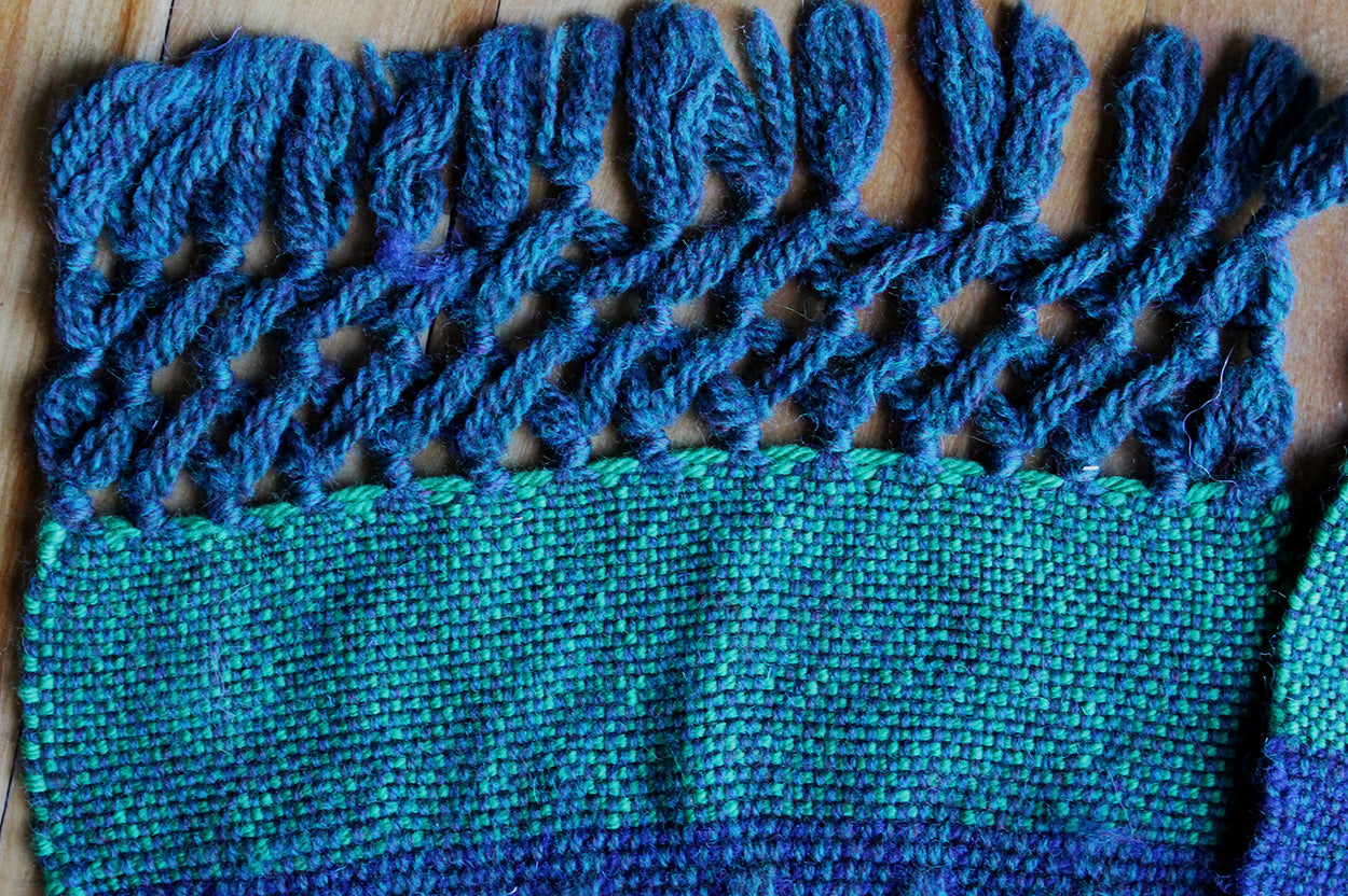 Wool scarf, weft float pattern, blue, green, handmade, natural fibres, Andean highland wool, Peruvian highland wool, local wool, decorative fringe, made in Canada