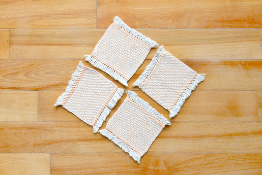 Cotton coasters, set of four, Pale Orange, Blue-grey, Brown, Bright Yellow, Bright Orange, Purple, handmade, natural fibres, hemstitched, made in Canada