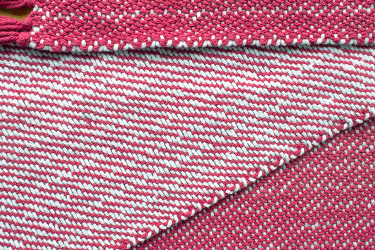 Cotton table runner, twill pattern, red, white, handmade, natural fibres, washer and dryer safe, made in Canada