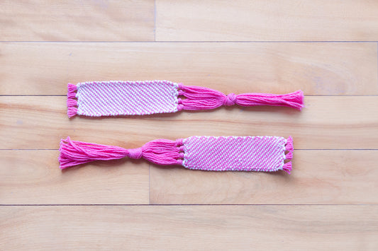 Cotton small bookmark, twill pattern, Pink, White, undyed, handmade, natural fibres, decorative fringe, made in Canada