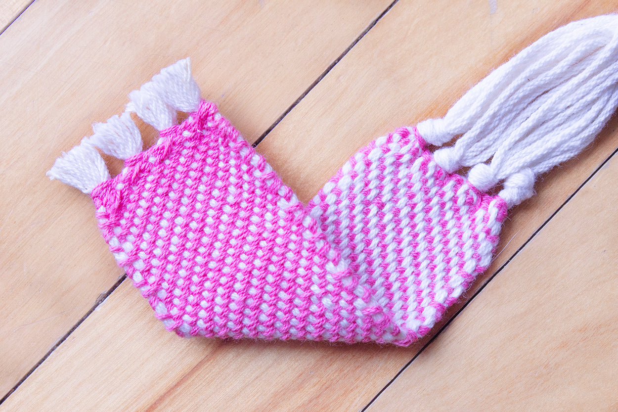 Cotton small bookmark, twill pattern, Pink, White, undyed, handmade, natural fibres, decorative fringe, made in Canada