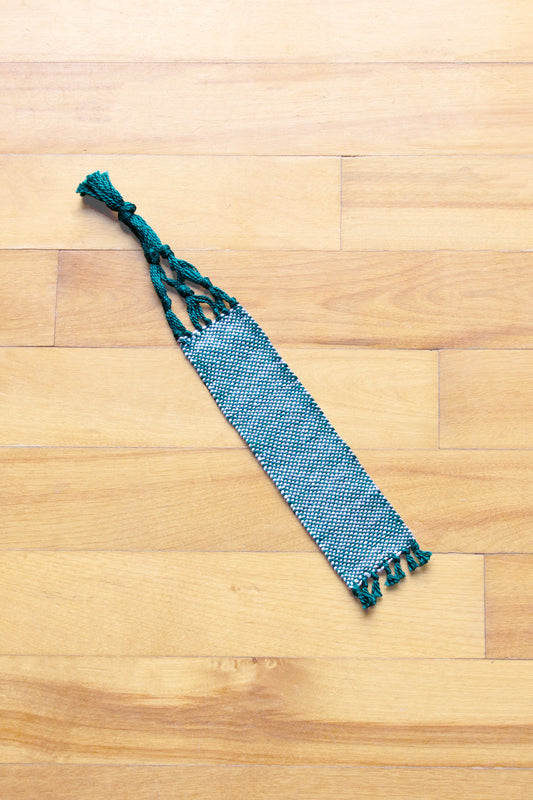 Cotton medium bookmark, Sea Green & White, handmade, natural fibres, washer safe, decorative fringe, made in Canada
