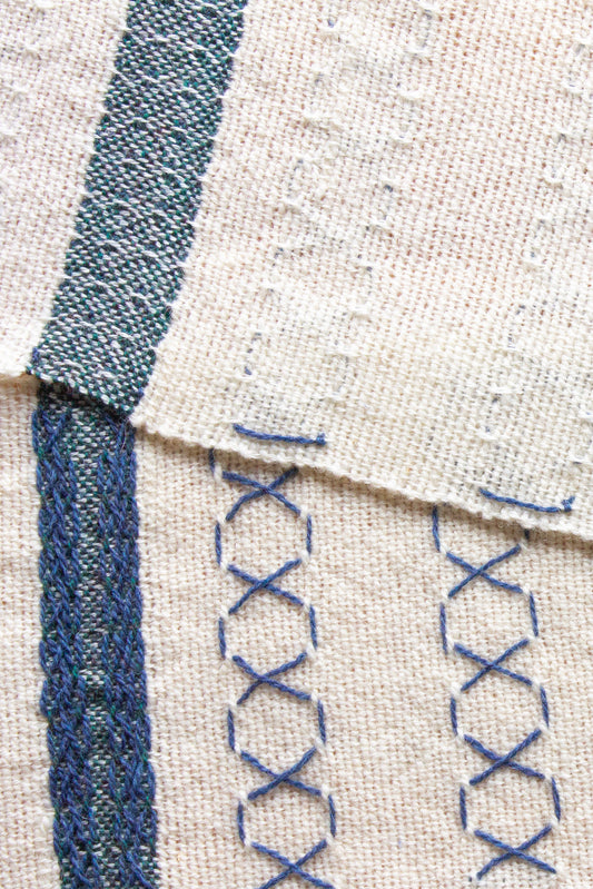 Wool scarf, embroidered, white, blue, green, handmade, natural fibres, mohair, Andean highland wool, locally sourced, reclaimed loom waste, made in Canada