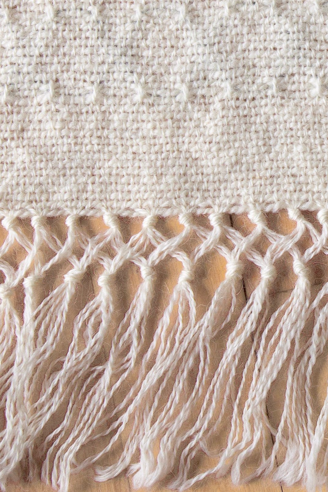 Wool scarf, embroidered, white, blue, green, handmade, natural fibres, mohair, Andean highland wool, locally sourced, reclaimed loom waste, made in Canada
