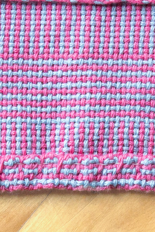 Cotton dish towel, pink log cabin patterned, blue, handmade, natural fibres, washer and dryer safe, hemmed, hand sewn hem, made in Canada