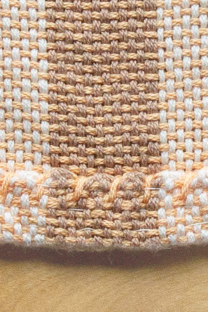 Cotton dish towel, striped orange, brown, white, off-white, handmade, natural fibres, washer and dryer safe, hemmed, hand sewn hem, made in Canada