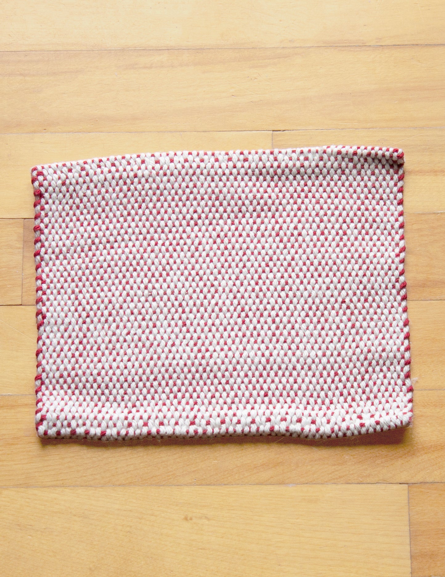 Cotton washcloth, hemmed, Red, handmade, natural fibres, washer and dryer safe, hand sewn hem, woven in Canada