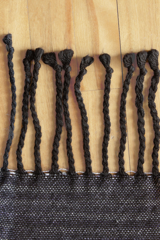 Alpaca scarf, dark purple, mixed colours, handmade, natural fibres, locally sourced, undyed black, twisted fringe, woven in Canada