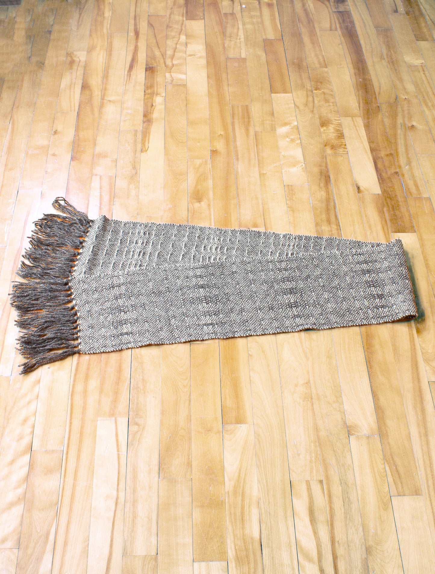 Wool scarf, grey weft float patterned, off-white, undyed, handmade, natural fibres, mohair, locally sourced, woven in Canada