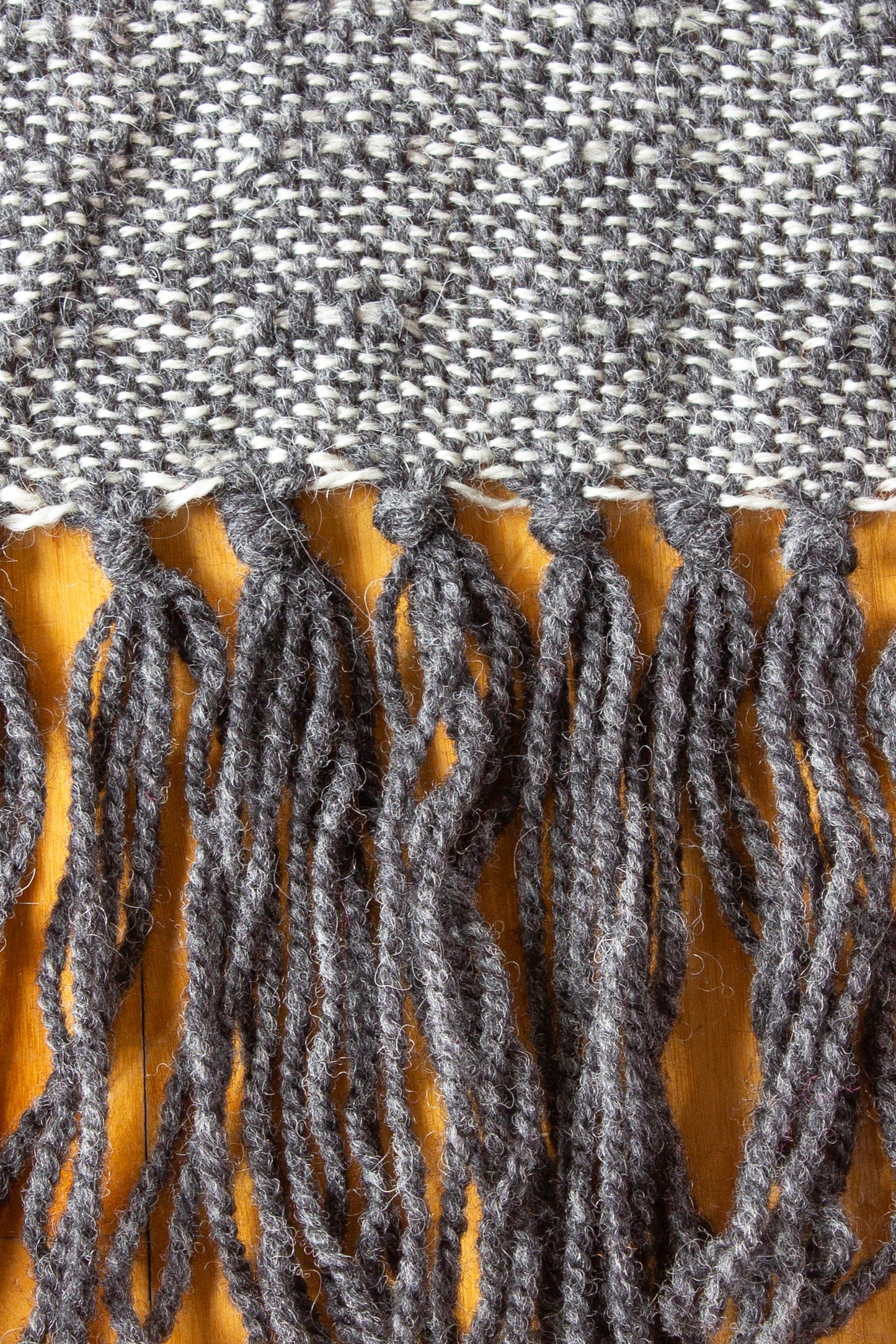Wool scarf, grey weft float patterned, off-white, undyed, handmade, natural fibres, mohair, locally sourced, woven in Canada