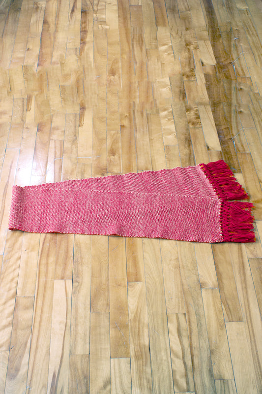 Wool scarf, magenta decorative fringe, white, undyed, off-white, handmade, natural fibres, mohair, locally sourced, woven in Canada