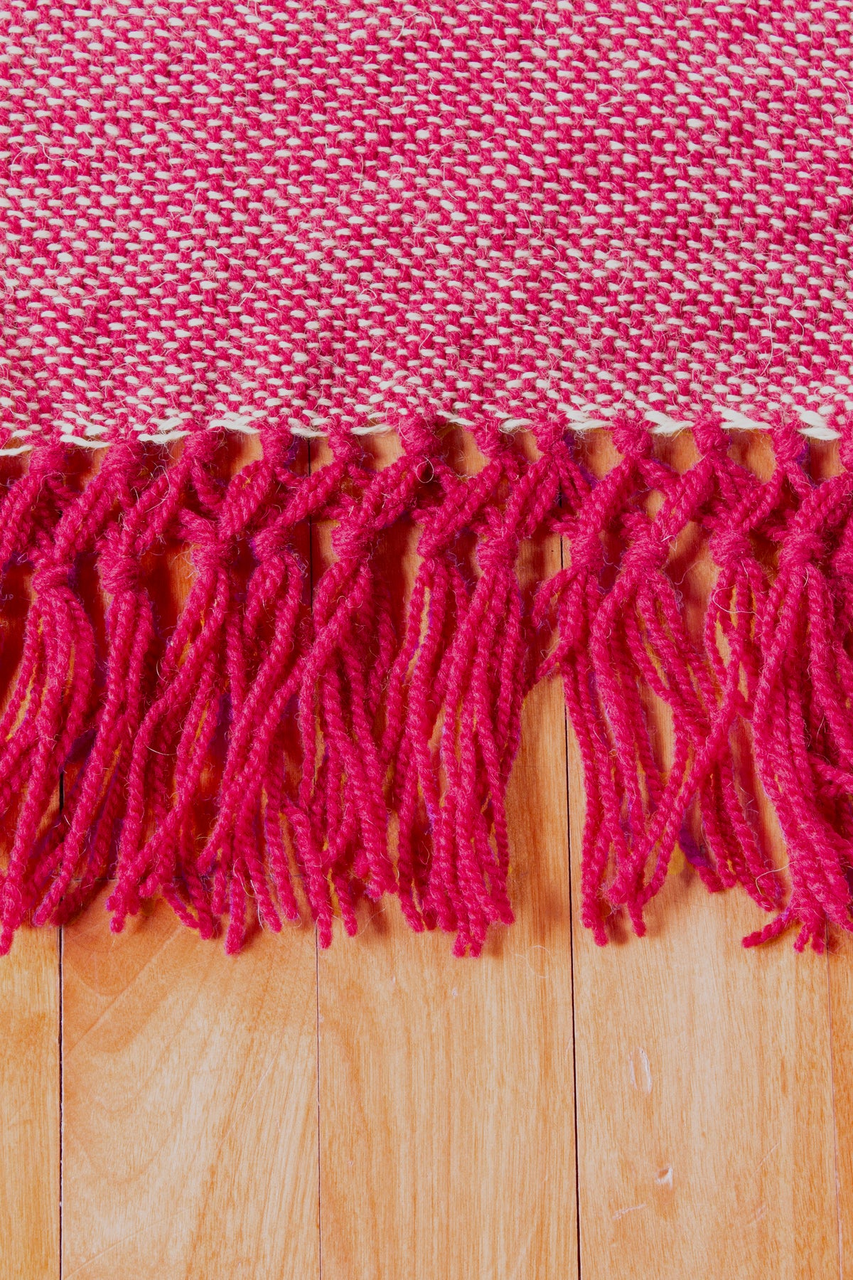 Wool scarf, magenta decorative fringe, white, undyed, off-white, handmade, natural fibres, mohair, locally sourced, woven in Canada