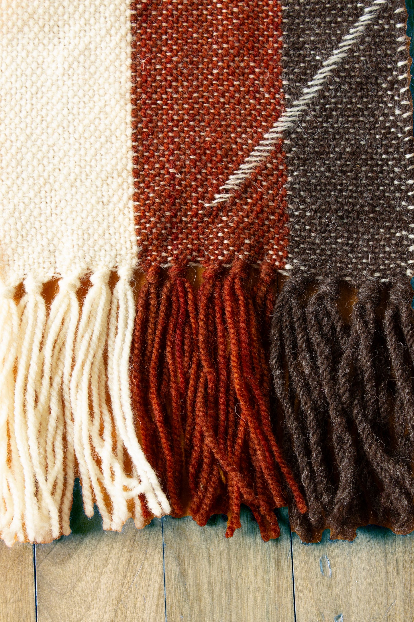 Wool scarf, striped weft float patterned, red, white, black, undyed, off-white, handmade, natural fibres, locally sourced, woven in Canada