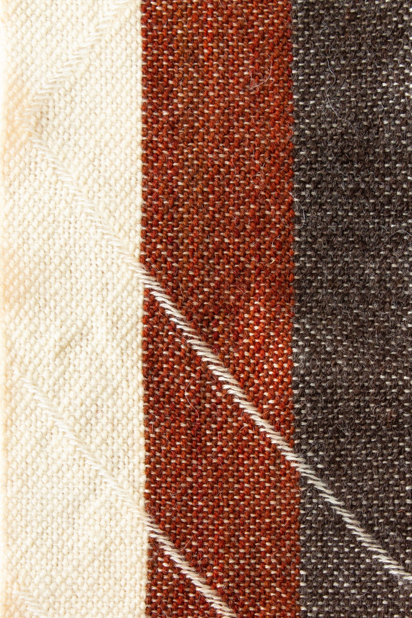 Wool scarf, striped weft float patterned, red, white, black, undyed, off-white, handmade, natural fibres, locally sourced, woven in Canada