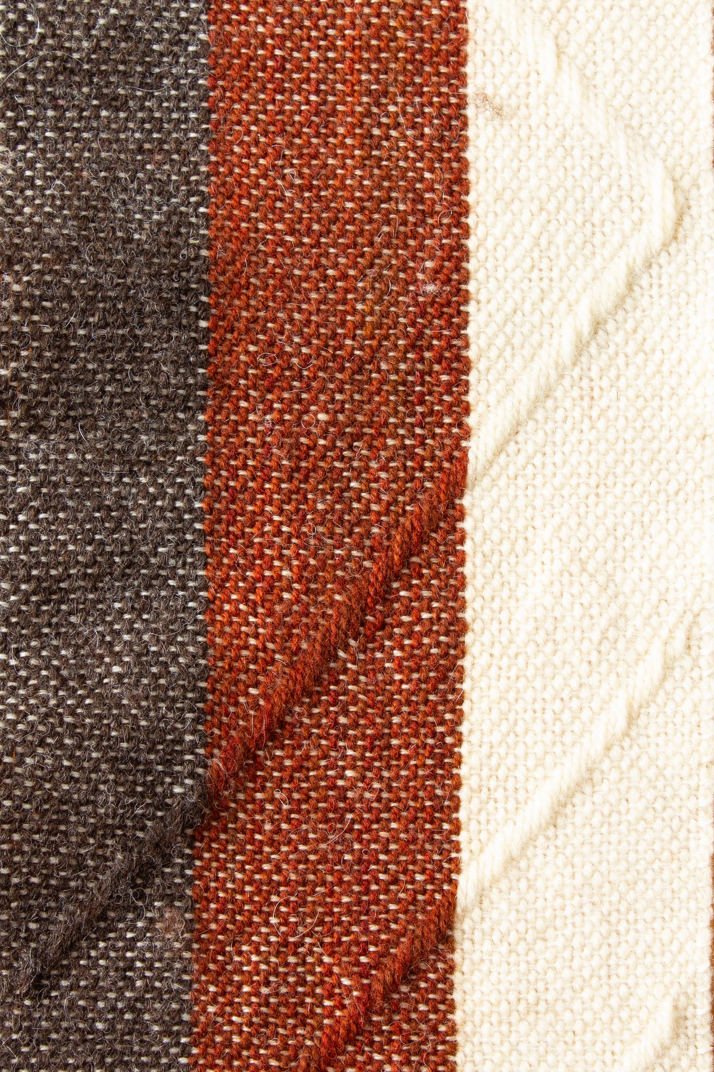 Wool scarf, striped weft float patterned, red, white, black, undyed, off-white, handmade, natural fibres, locally sourced, woven in Canada