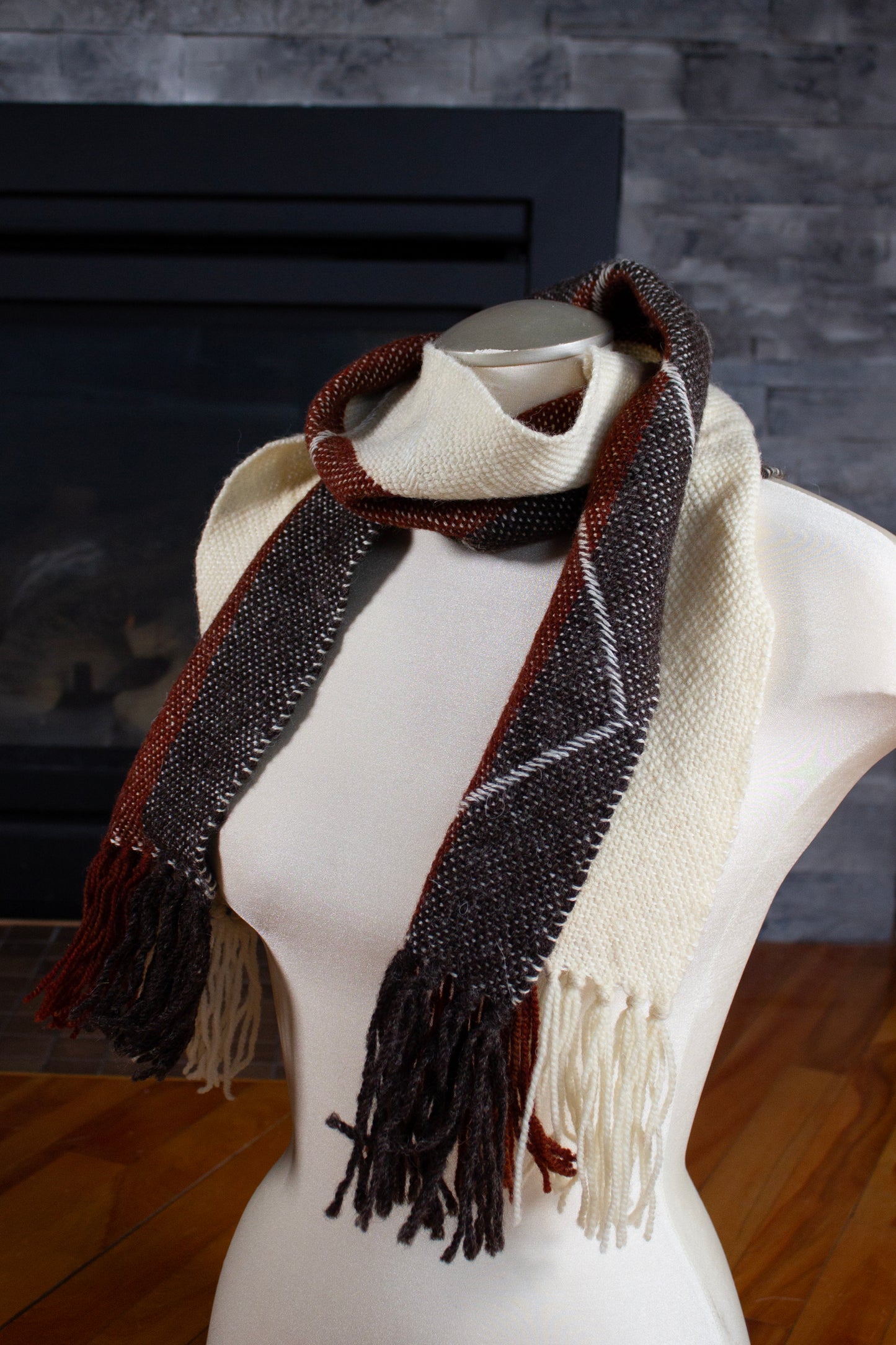 Wool scarf, striped weft float patterned, red, white, black, undyed, off-white, handmade, natural fibres, locally sourced, woven in Canada