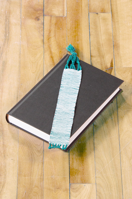 Cotton bookmark, Green & White extra large, handmade, natural fibres, decorative fringe, woven in Canada