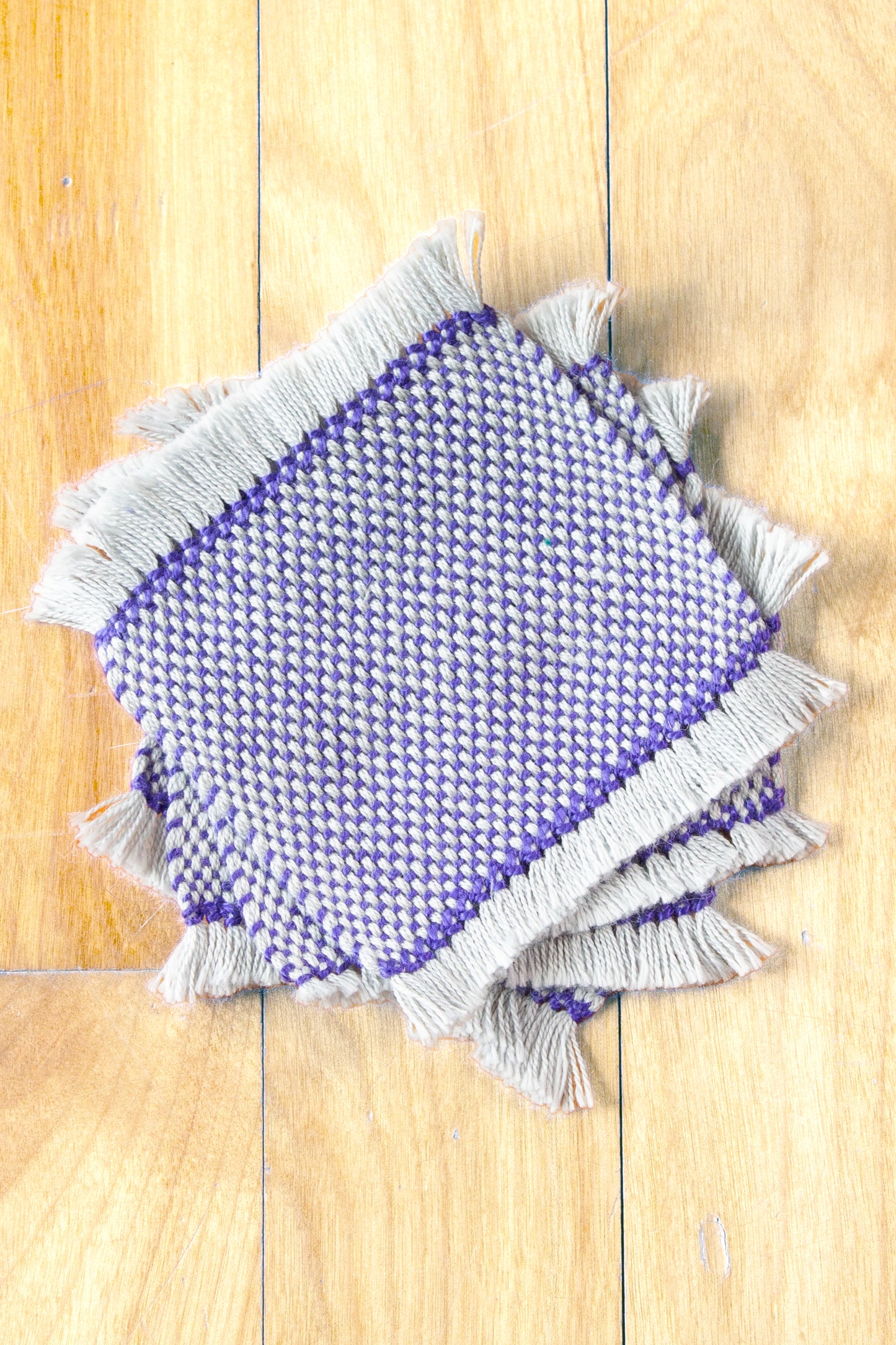 Cotton coasters: Set of four, hemstitched, Purple, handmade, natural fibres, woven in Canada