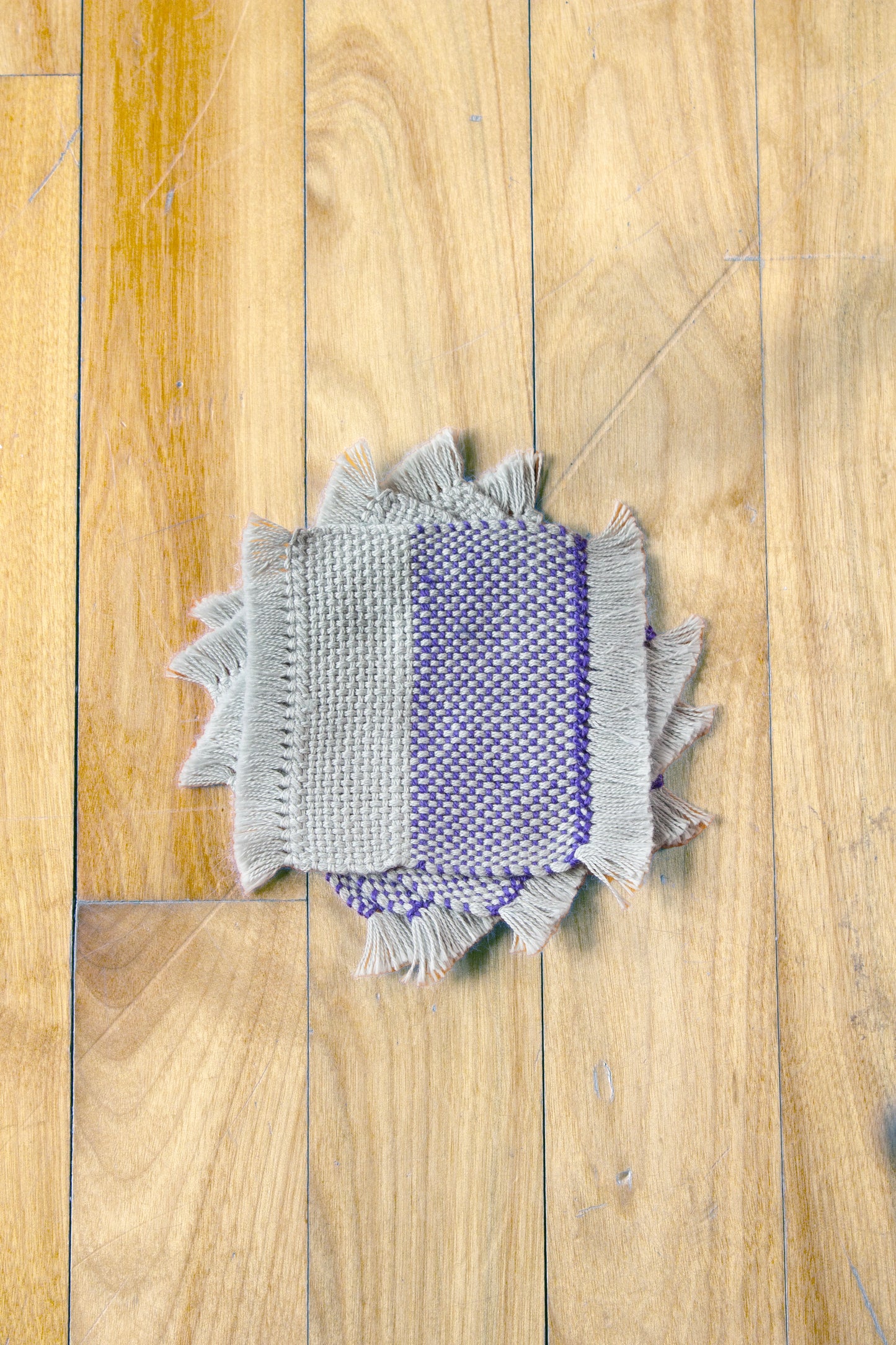 Cotton coasters: Set of four, hemstitched, Purple & Grey, handmade, natural fibres, woven in Canada