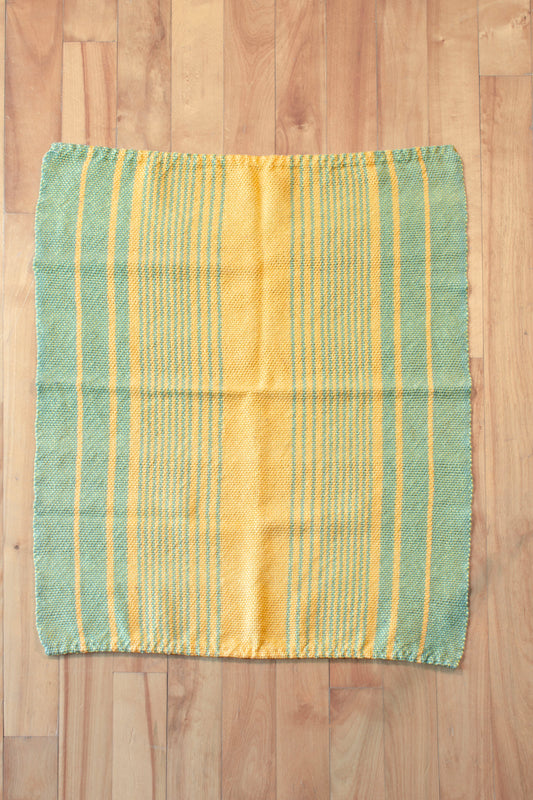 Cotton dish towel, striped orange and green, yellow, handmade, natural fibres, locally sourced yarn, washer and dryer safe, absorbent, soft, lightweight, hemstitched, hemmed, hand sewn hem, woven in Canada