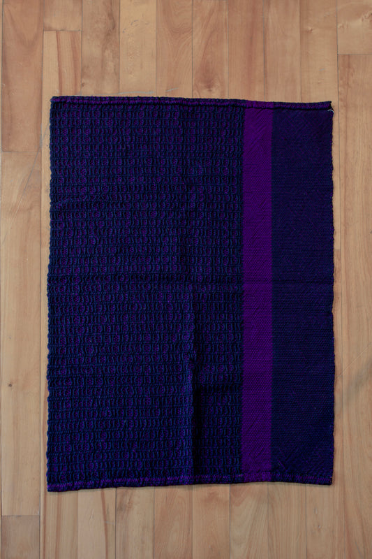 Cotton dish towel, navy blue window weave, purple, handmade, natural fibres, locally sourced yarn, washer and dryer safe, absorbent, soft, lightweight, hemstitched, hemmed, hand sewn hem, woven in Canada