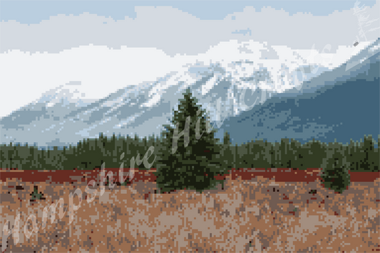 Pine tree and mountain landscape latch hook pattern, original design, wall hanging, area rug, craft supplies, challenging pattern