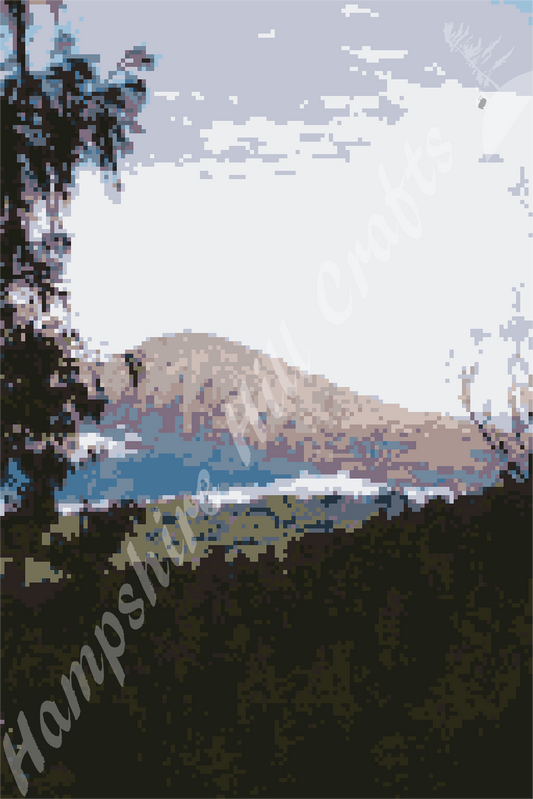 Forest with mountain background landscape latch hook pattern, original design, wall hanging, area rug, craft supplies, challenging pattern