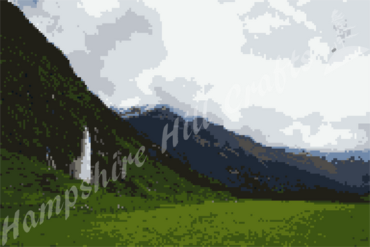 Lush field and mountain landscape latch hook pattern, original design, wall hanging, area rug, craft supplies, challenging pattern