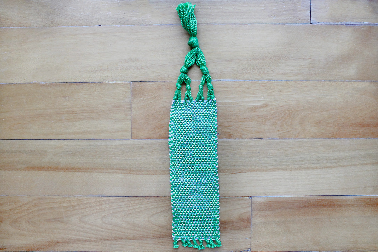 Cotton small bookmark, Brown & orange, Orange, Brown, Green & white, handmade, natural fibres, linen, washer safe, decorative fringe, made in Canada