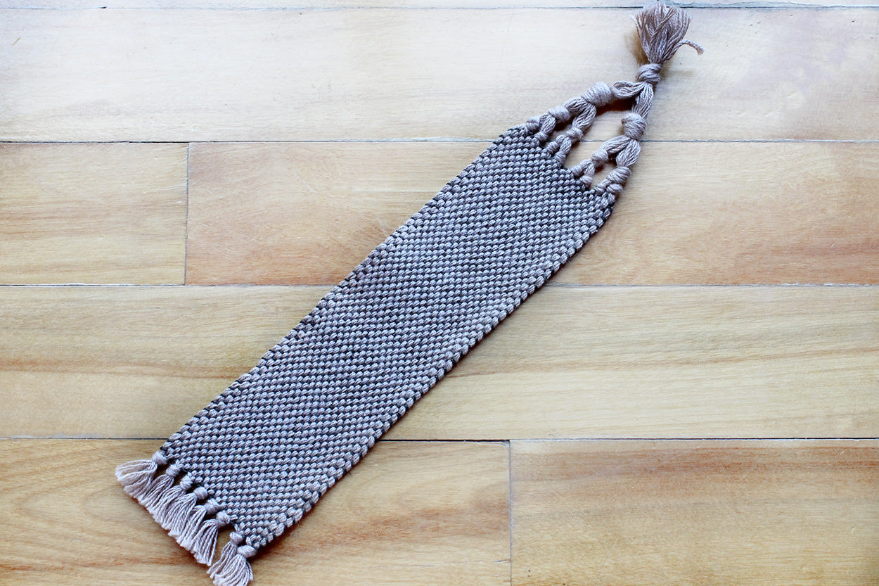 Cotton medium bookmark, Brown & blue, Brown, handmade, natural fibres, linen, washer safe, decorative fringe, made in Canada